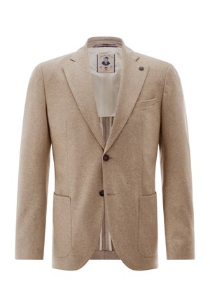 Beige wool men's blazer with notch lapels, two front pockets, chest pocket, and two-button closure, shown on plain white background.