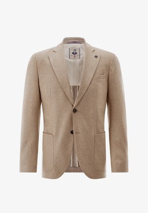 Beiger Woll-Herrenblazer mit Kissing-Lapels, zwei Vordertaschen, Brusttasche und Zweiknopfverschluss, gezeigt auf einfarbig weißem Hintergrund.