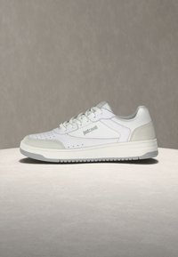 Άσπρο χαμηλό sneaker με γκρι λεπτομέρειες, κλείσιμο με κορδόνια και λογότυπο "Just Cavalli" στο πλάι, εκτεθειμένο σε ουδέτερη επιφάνεια και φόντο.