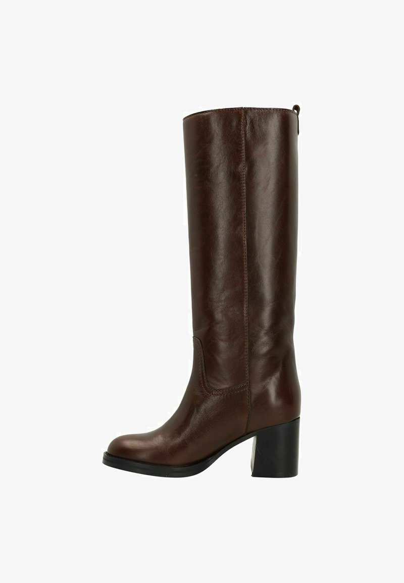 Brown leather knee-high boot with a block heel, smooth texture, and decorative stitching. Features a pull tab at the back.