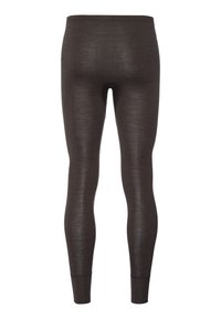 Dunkelgraue Leggings aus einem glatten, dehnbaren Material. Sie verfügen über einen hohen Bund und ein nahtloses Design, das am Knöchel schmal zuläuft.