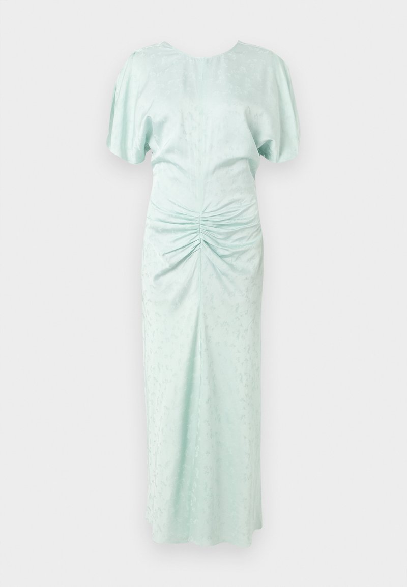 Robe midi bleu clair avec manches bouffantes, détail froncé à l'avant et motif jacquard floral subtil.