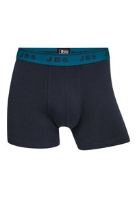 Donker marineblauwe boxershort van zacht materiaal met een contrasterende teal tailleband waarop herhaaldelijk de zwarte "JBS" logo-tekst staat.