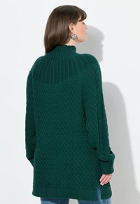 Maglione verde lavorato a maglia con colletto alto a coste, motivo testurizzato e maniche lunghe. Presenta una vestibilità ampia e orli a coste per un ulteriore dettaglio.