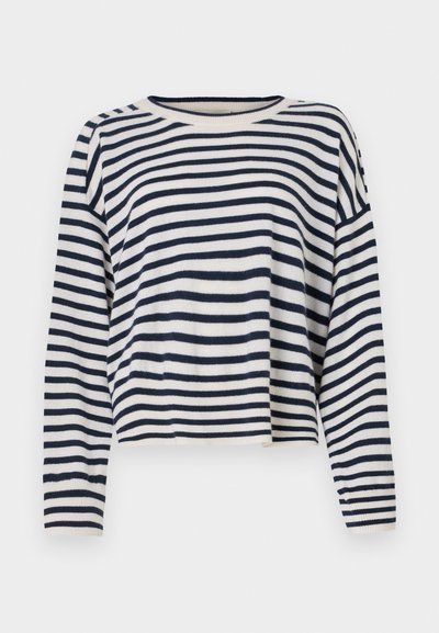 En långärmad tröja i bomull med horisontella ränder i marinblått och krämvitt, rund halsringning och kort design med ribbade detaljer.