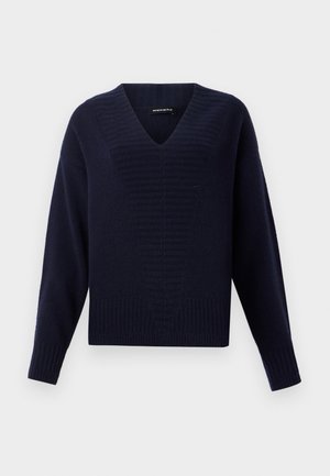 Marineblå strikket sweater med V-hals, prydet med teksturerede vandrette striber og ribbede manchetter og kant for en tætsiddende pasform.