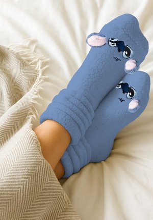 Blue fleece socks with adorable cartoon mouse design, including round ears and facial features. Ribbed cuff for added texture and warmth.