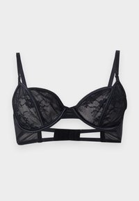 Fekete csipkés merevítő nélküli melltartó állítható pántokkal és kampós-hurkos hátzárral, átlátszó hálós és virágos csipke részletekkel.