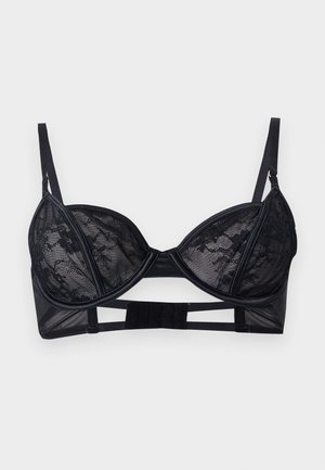 Μαύρο σουτιέν με μπανέλα και δαντέλα, με ρυθμιζόμενους ιμάντες και κούμπωμα με γάντζο και θηλιά στο πίσω μέρος, διακοσμημένο με διαφανές τούλι και λεπτομέρειες floral δαντέλας.