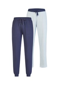 Dos pares de pantalones de lounge: uno azul marino con cintura elástica y bolsillos, y el otro azul claro con rayas verticales y cordón.