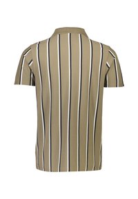 Kortärmad polo skjorta med vertikala ränder i beige, marinblå och vit. Klassisk krage och ett mjukt, strukturerat tyg.