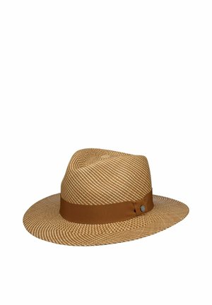 Brown woven fedora hat with a wide brim and a matching brown fabric band around the base of the crown.