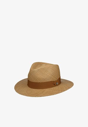 Brown woven fedora hat with a wide brim and a matching brown fabric band around the base of the crown.