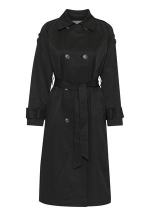 Zwarte trenchcoat gemaakt van textuurstof, met dubbele knopen, een ceintuur in de taille en manchetmouwen.