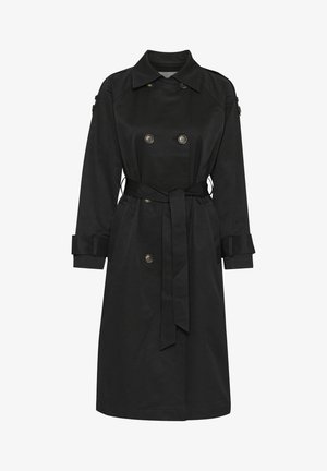 Črn plašč iz strukture tkanine, s dvojno zapenjanjem, pasom in manšetami.