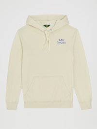 Kremfarget hettegenser med kengurulomme, justerbar snor i hetten, og brodert "Lee" og "Crayola" merke i lilla.