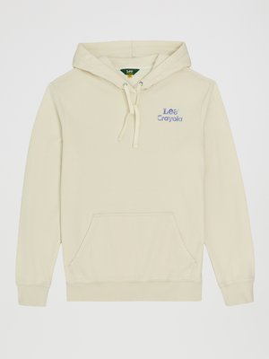 Kremfarget hettegenser med kengurulomme, justerbar snor i hetten, og brodert "Lee" og "Crayola" merke i lilla.