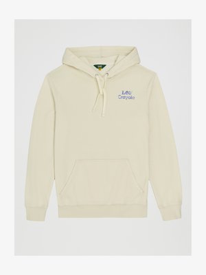 Krémszínű kapucnis pulóver kenguruzsebbel, állítható zsinórral ellátott kapucnival, és bordó "Lee" és "Crayola" hímezéssel.
