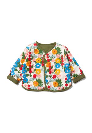 Blumige gesteppte Jacke mit einem cremefarbenen Hintergrund und bunten Blumen in Blau, Rot, Gelb und Grün. Grüne Abschlüsse und umgeschlagene Ärmel.