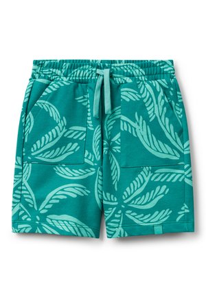 Shorts turquoise avec un motif de feuillage blanc, taille élastique, cordon de serrage ajustable et deux poches latérales. Matériau en coton doux.
