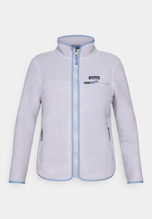 Light purple Patagonia fleece jacket with full front zipper, zippered chest pocket, two zippered side pockets, and blue trim on edges.