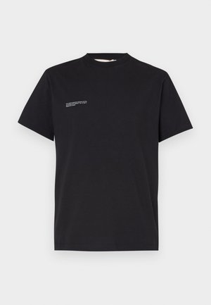 Black t-shirt in organic cotton, featuring a crew neck and short sleeves. Includes small white text printed on the front left side.