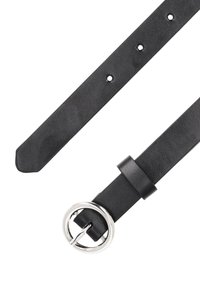 Cintura in pelle nera con fibbia rotonda in argento, caratterizzata da fori distanziati uniformemente e una texture liscia. Le estremità sono tagliate dritte e arrotondate.