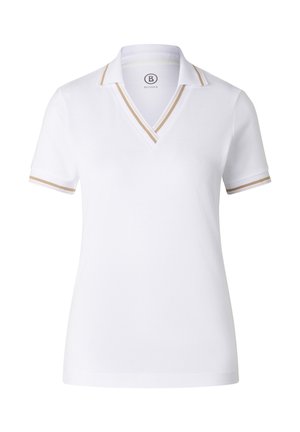 Valkoinen lyhythihainen poolopaita, jossa on beige reunus V-kauluksessa, kauluksessa ja hihansuiden reunoissa. Kauluksen sisäpuolella pieni brändilogo.