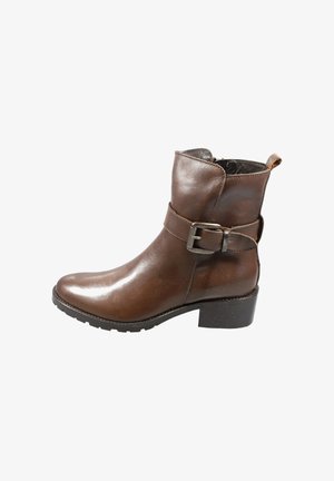 Brauner Leder-Stiefelette mit abgerundetem Zehenbereich, seitlicher Schnallendetail, strukturierter Sohle und einem dezenten Absatz. Glatte Oberfläche mit gesteppten Akzenten.