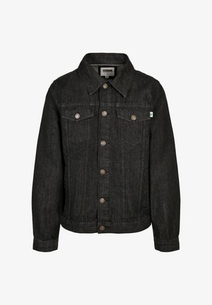 Schwarze Jeansjacke mit klassischem Design, featuring einen Kragen, Knopfverschluss, zwei Brusttaschen und metallischen Knöpfen.