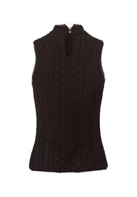 Czarny top bez rękawów z teksturowanym wzorem, wysokim dekoltem i detalem w formie otworu, ozdobiony koronką i dekoracyjnym guzikiem.