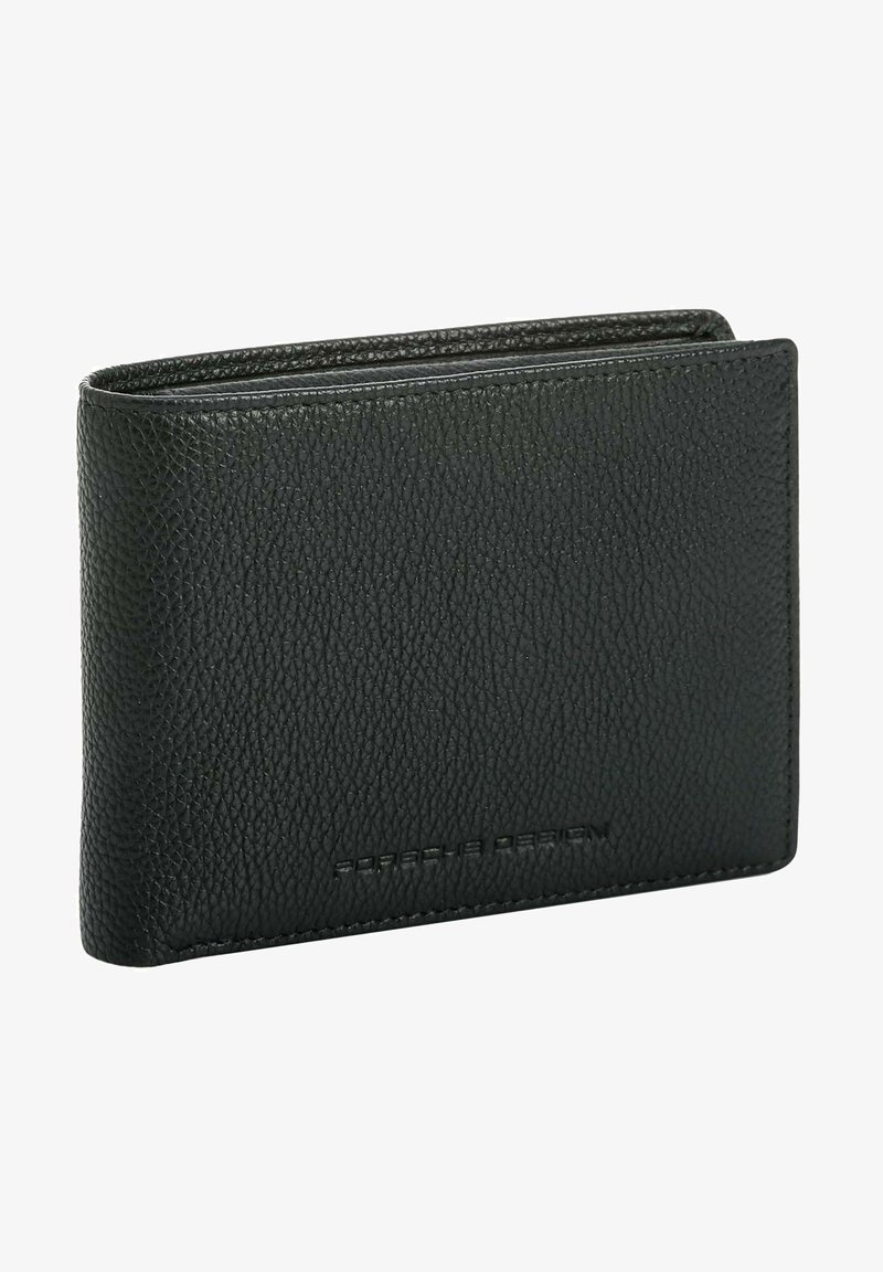 Black leather wallet with a textured surface, bi-fold design, and subtle branding on the front. Edges are neatly stitched for durability.