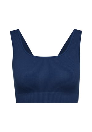 Dunkelblaues, geripptes Crop-Top mit breiten Trägern, einem runden Ausschnitt und einer enganliegenden Passform. Hergestellt aus einem weichen, dehnbaren Stoff.
