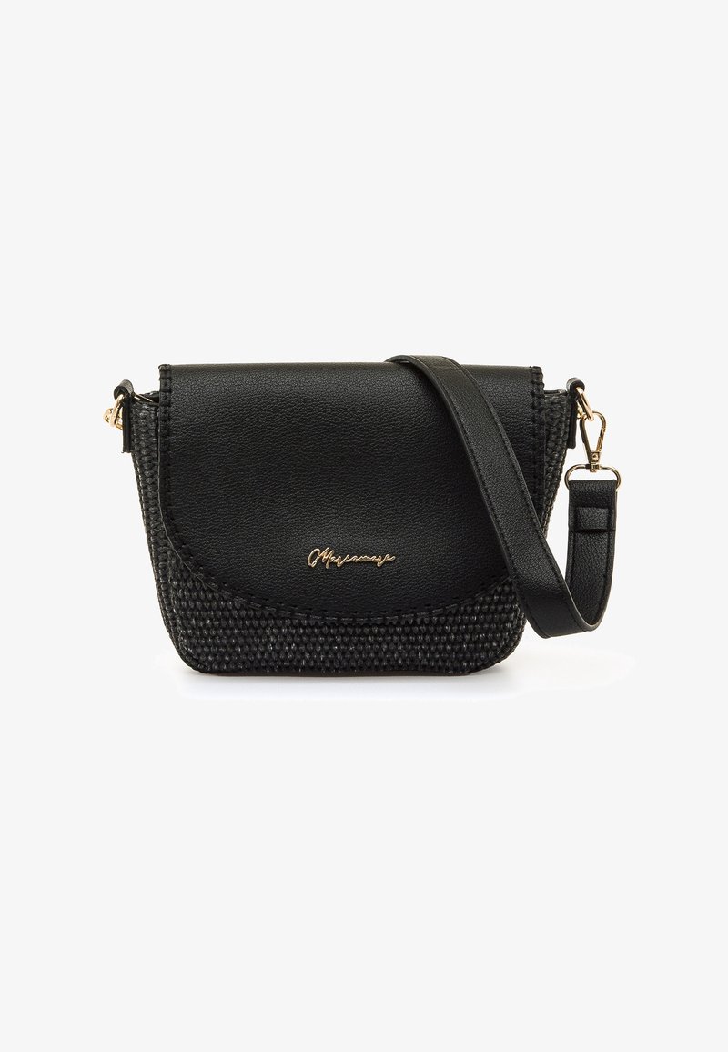 Czarna torba na ramię z fakturowanym, tkanym spodem, gładką skórzaną górą oraz złotym logo marki. Regulowany pasek dla wygody.