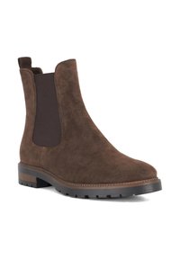 Brown suede Chelsea boots with elastic side panels, a rounded toe, and a textured rubber sole. Stitched detailing along the sole's edge.