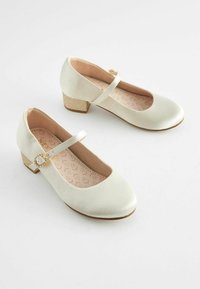 Zapatos Mary Jane de satén blanco con punta cuadrada, hebilla decorativa y tacón bajo brillante. Forro interior de color rosa suave con un patrón de hojas.