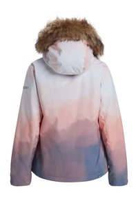 Veste d'hiver avec un dégradé de couleur allant du rose au bleu, avec une capuche doublée de fourrure, vue de dos.