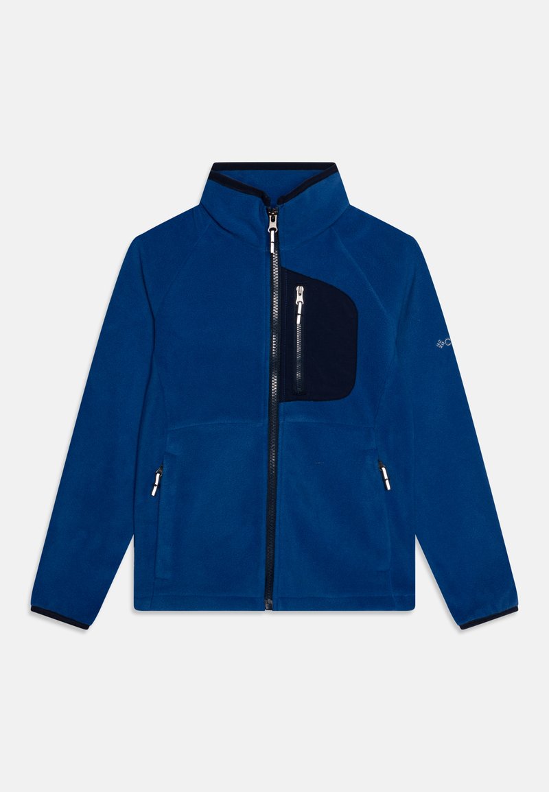 Tumed sinine fliissjakker kõrge kaelusega, millel on kontrastne must tasku ja kaks küljetaskut lukuga. Sujuv tekstuur, kerge disain.