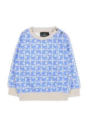 Felpa blu con motivo geometrico, con polsini e collo a coste di colore crema, caratterizzata da due bottoni sulle spalle per la chiusura.