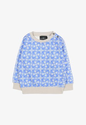 Niebieska bluza z wzorem geometrycznym, z kremowymi ściągaczami przy rękawach i dekolcie, z dwoma guzikami na ramionach do zapięcia.