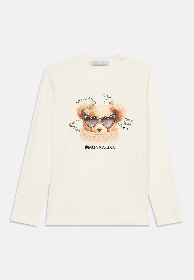 Weißes Langarmhemd mit einem Cartoon-Hund in Sonnenbrille, umgeben von Text. Der Kragen ist rund, und der Stoff wirkt weich.