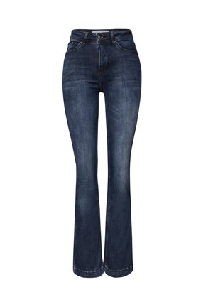 Jeans a zampa d'elefante in denim blu scuro con vita alta, cinque tasche e cuciture in contrasto. Texture liscia con una leggera scoloritura sulle cosce.