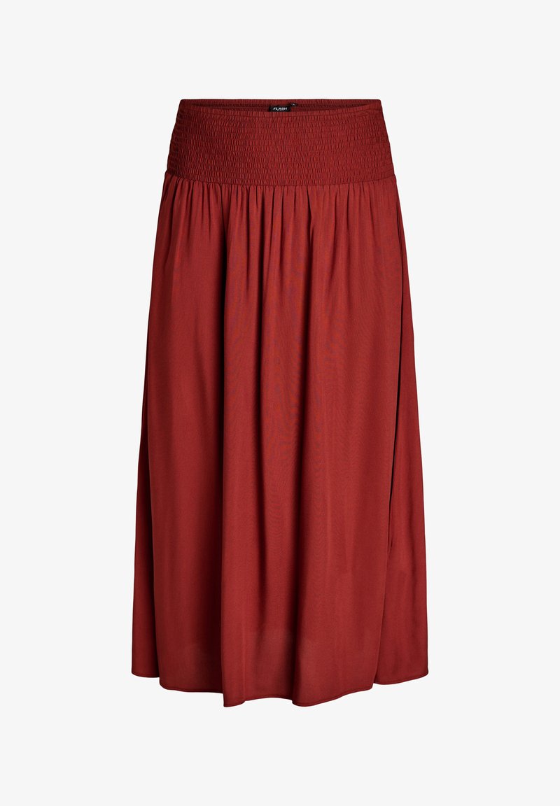 Rdzawo-czerwona spódnica midi z szerokim, marszczonym pasem i luźnym, zwiewnym materiałem marszczonym poniżej talii dla swobodnego kroju.