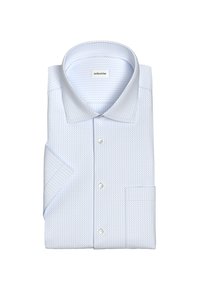 Camicia da uomo in cotone blu chiaro, con un sottile motivo circolare, colletto a punta e maniche lunghe con polsini abbottonati.