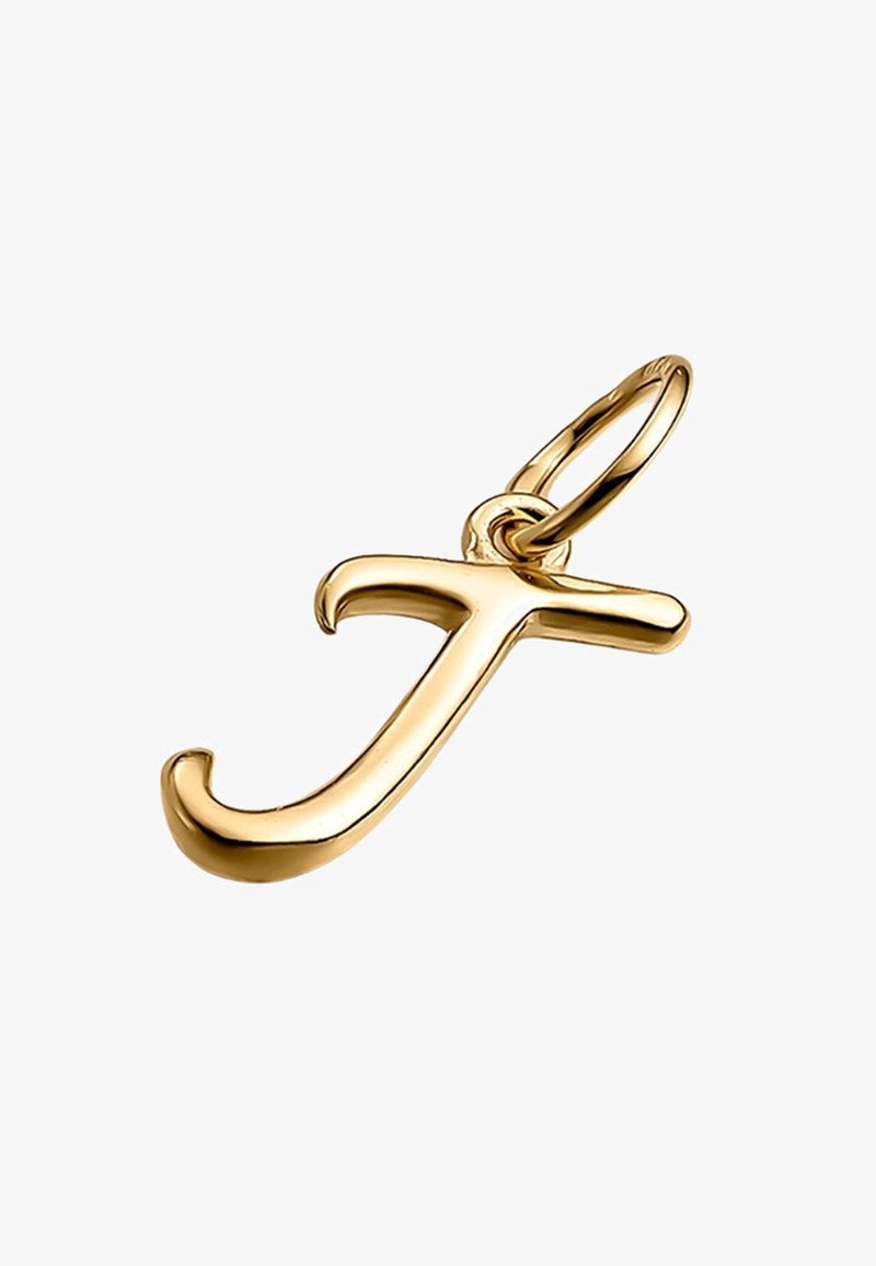 Colgante de oro con forma de la letra minúscula "j" y un lazo para sujetarlo a una cadena o pulsera, exhibido sobre un fondo blanco.