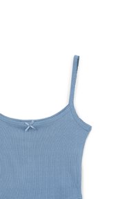 Canotta a righe di colore azzurro chiaro con spalline sottili e trim delicato, decorata con un piccolo fiocco sul retro. Materiale di cotone morbido.