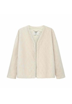 Beżowy, otwarty z przodu, teksturowany kardigan z długimi rękawami i subtelnym wzorem geometrycznym, oznaczony rozmiarem medium.