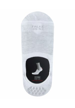 Weiße, hochgeschnittene, unsichtbare Socke mit strukturiertem Oberflächenmaterial und Anti-Rutsch-System, mit Branding und schwarzem Hintergrund in der Verpackung.