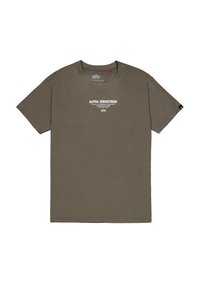 Tricou din bumbac de culoare verde măslin, cu mâneci scurte, guler rotund și text imprimat alb "ALPHA INDUSTRIES" pe față. Textură netedă, croială standard.