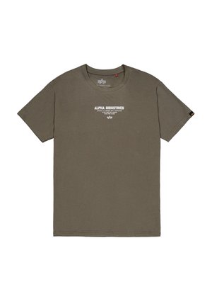 Olive green cotton t-shirt with short sleeves, round neck, and white printed "ALPHA INDUSTRIES" text on the front. Smooth texture, standard fit.